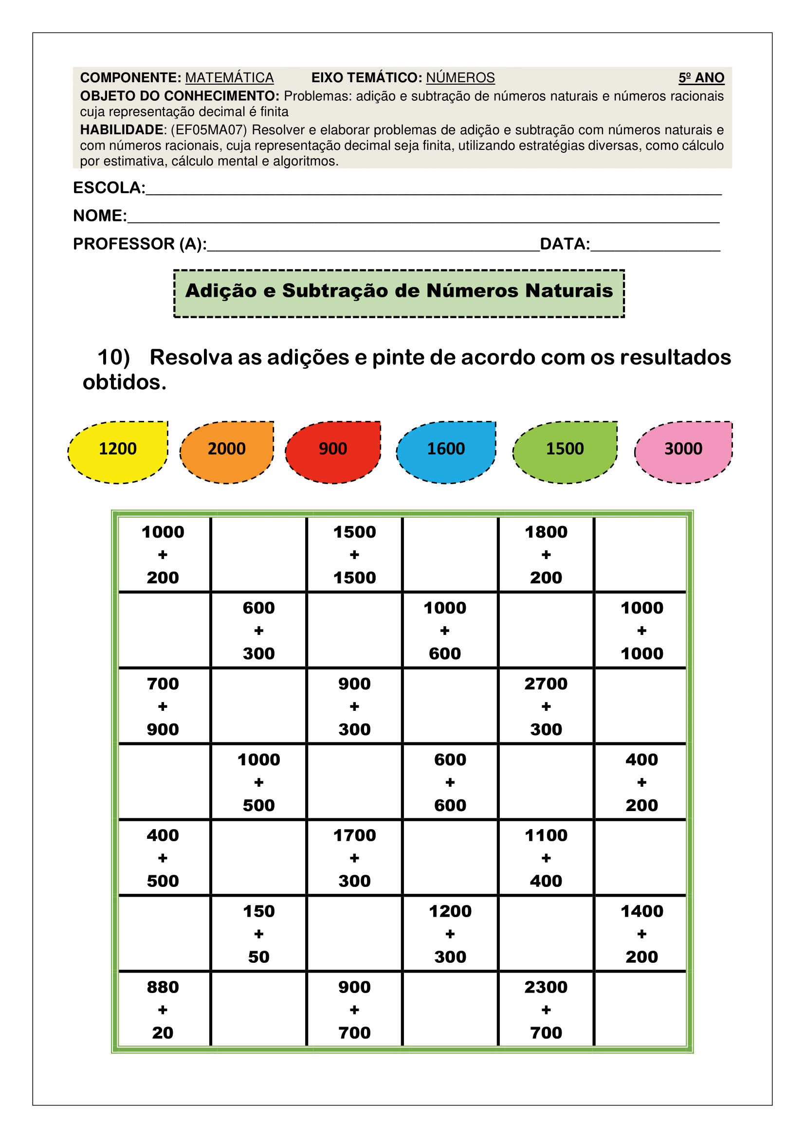 ATIVIDADES DE MATEMÁTICA - QUINTO ANO