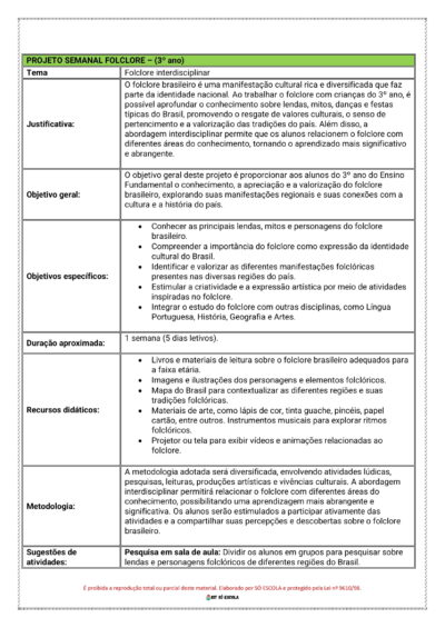 Projetos Semanais Folclore 1º ao 5º ano