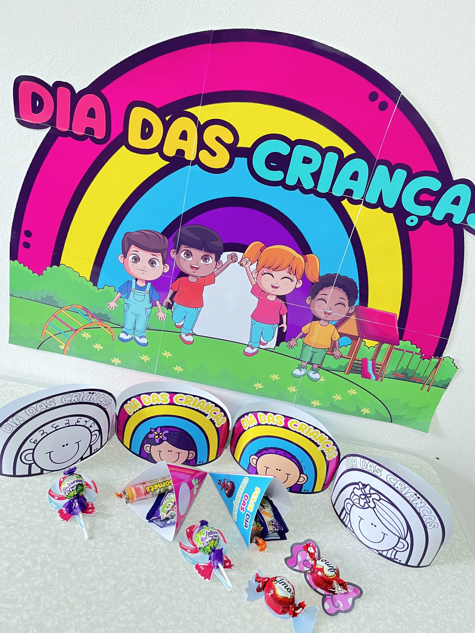 Painel Dia das Crianças Arco-Íris com Lembrancinhas para Imprimir - Imagem 2