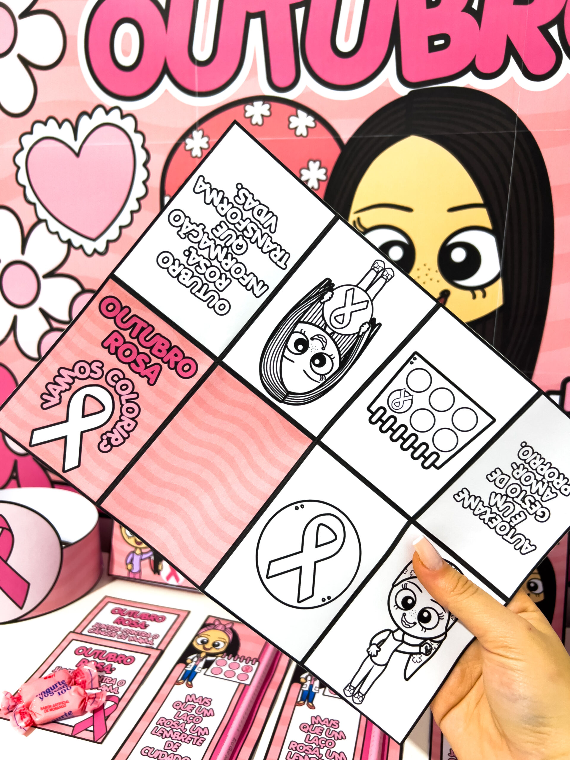 Kit Outubro Rosa Infantil – Painel, Lembrancinhas e Atividades para Educação Infantil e Ensino Fundamental - Imagem 2