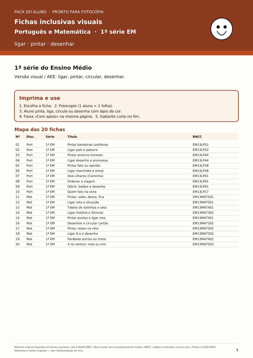 Fichas inclusivas visuais — Português e Matemática (1ª série EM)