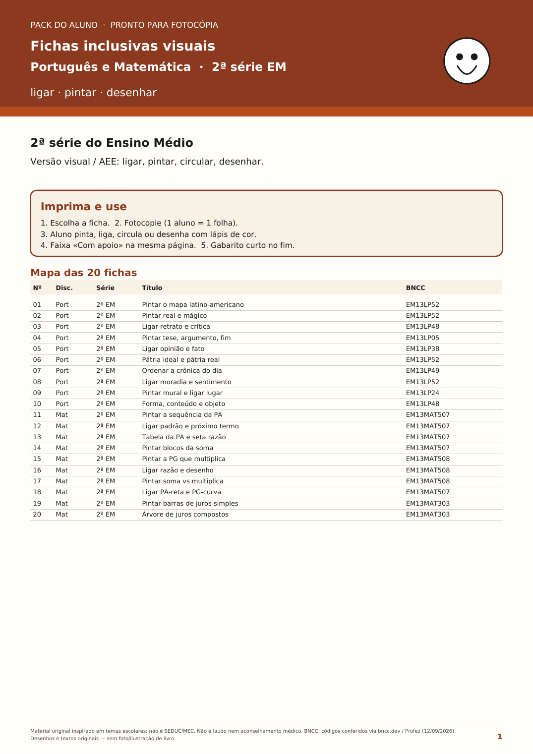 Fichas inclusivas visuais — Português e Matemática (2ª série EM)