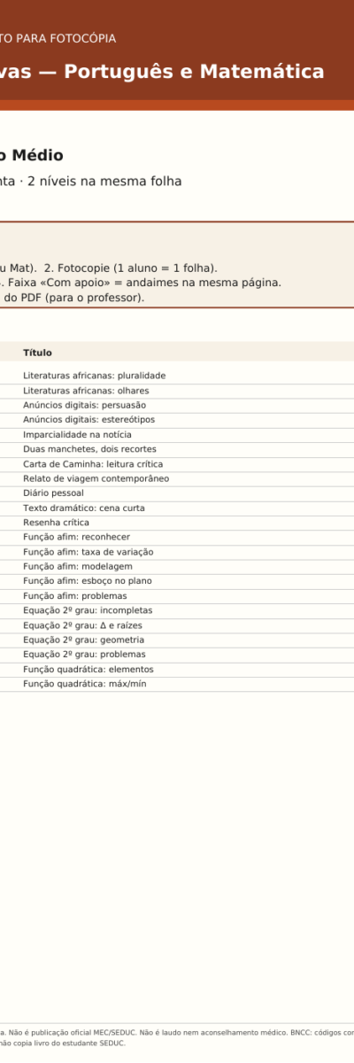 Fichas inclusivas pra imprimir — Português e Matemática (1ª série EM)