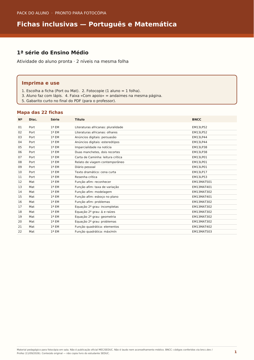 Fichas inclusivas pra imprimir — Português e Matemática (1ª série EM)